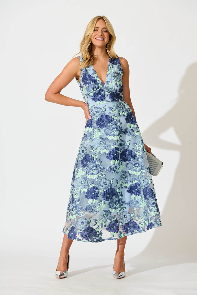 Opuluxe Maxi Dress in Blue Floral Organza Jaquard - full length