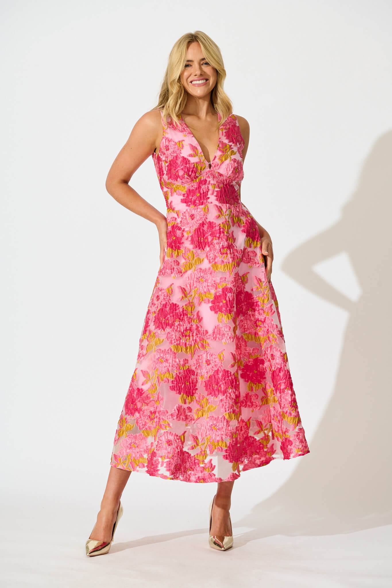 Opuluxe Maxi Dress In Pink Floral Organza Jacquard - full length