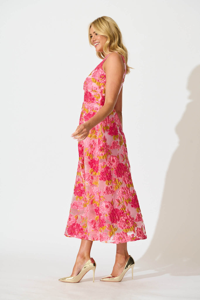 Opuluxe Maxi Dress In Pink Floral Organza Jacquard - side