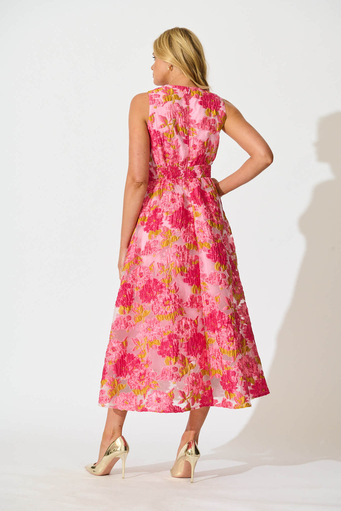 Opuluxe Maxi Dress In Pink Floral Organza Jacquard - back