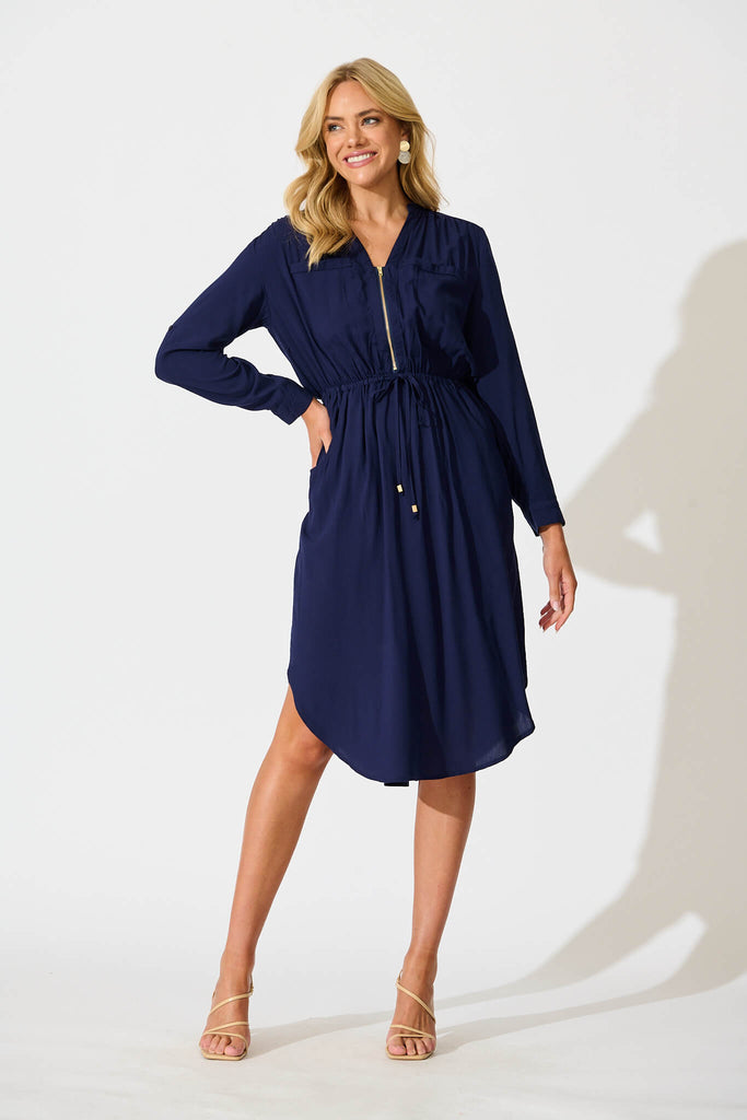 Rival Zip Dress in Navy - full length