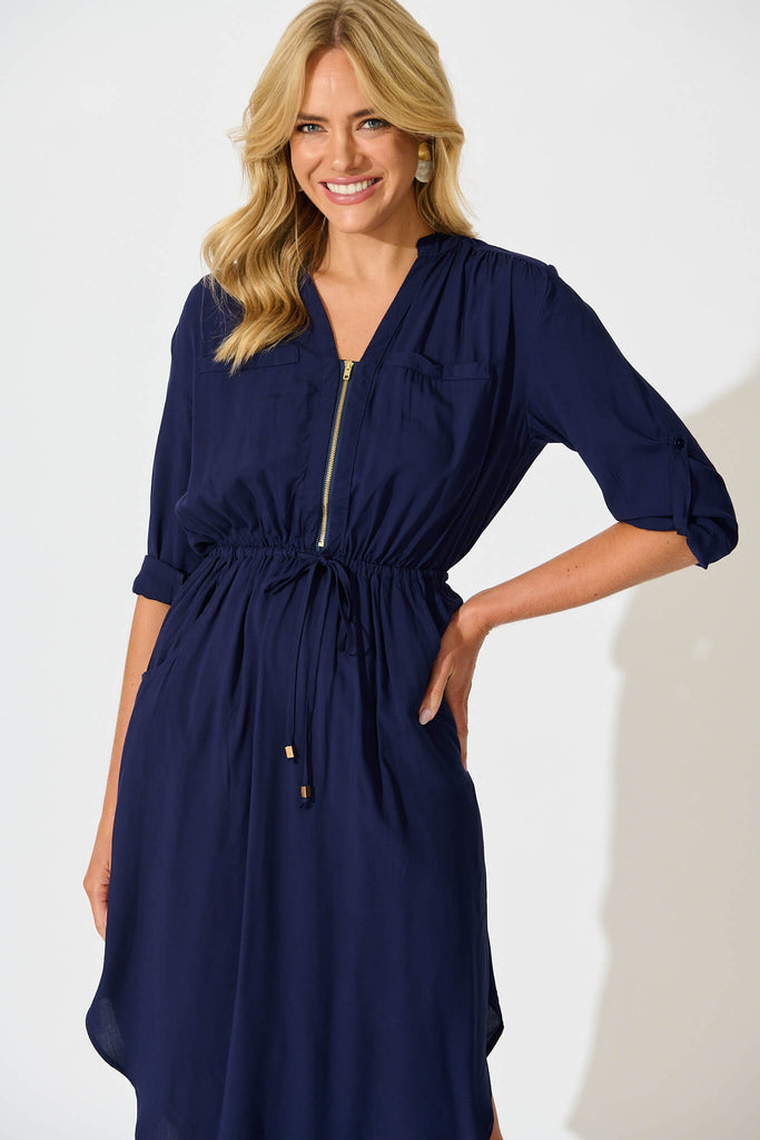 Rival Zip Dress in Navy - front