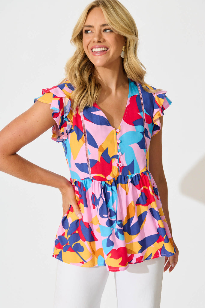 Maila Top In Bright Multi Leaf Print - front