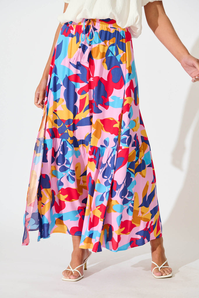 Bilboa Maxi Skirt in Bright Multi Leaf Print - front