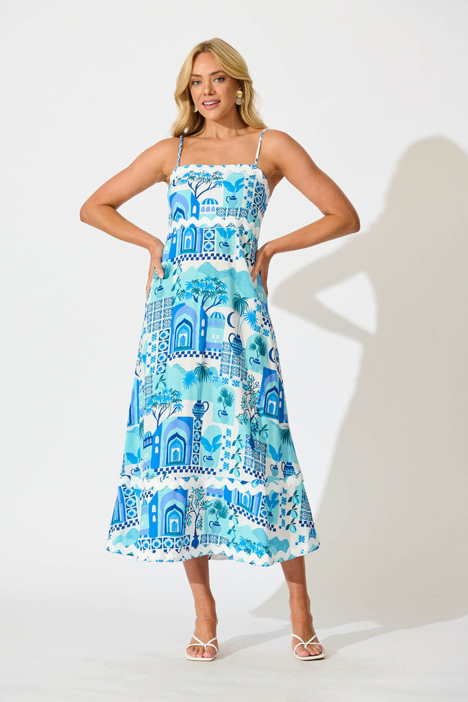 Treviso Maxi Sundress In Blue Multi with Ric Rac Trim - full length