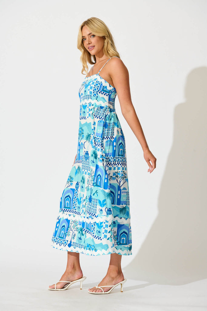 Treviso Maxi Sundress In Blue Multi with Ric Rac Trim - sdie