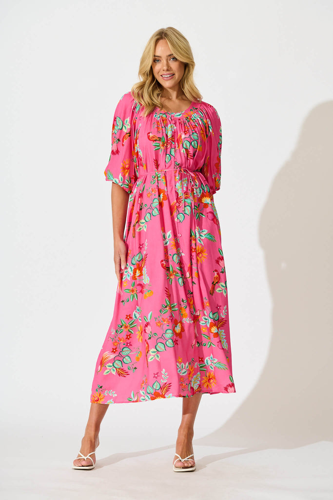 Kali Maxi Dress in Pink Tropical Print - full length