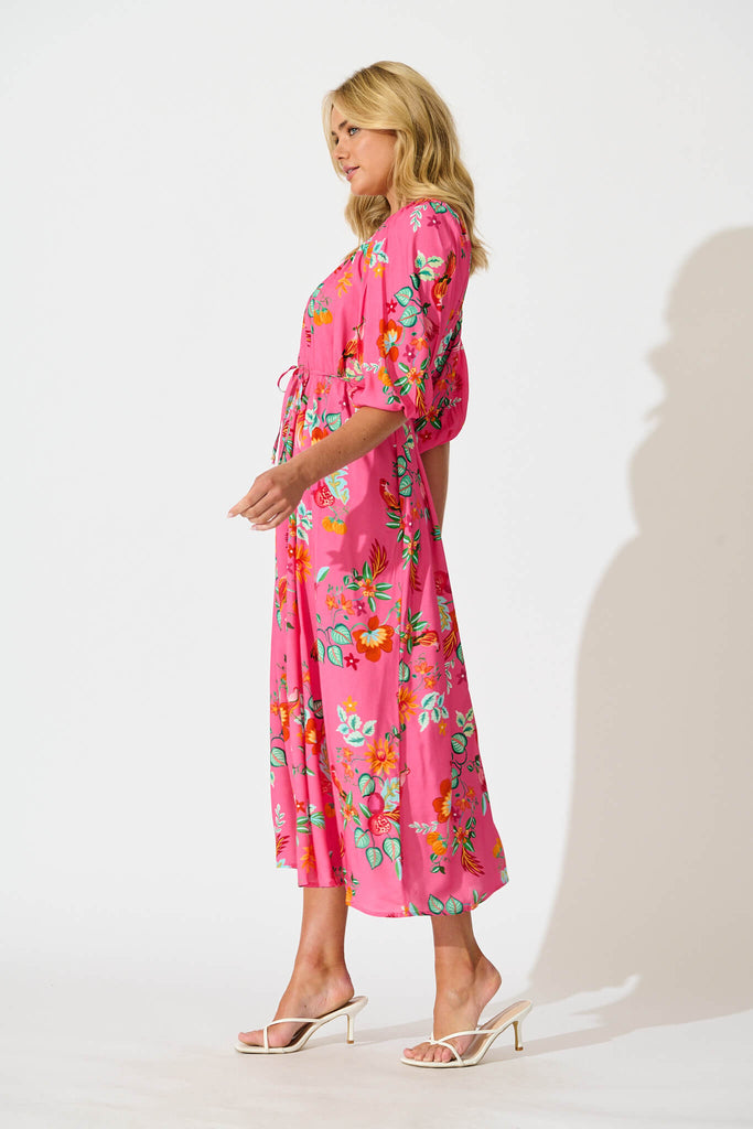 Kali Maxi Dress in Pink Tropical Print - side