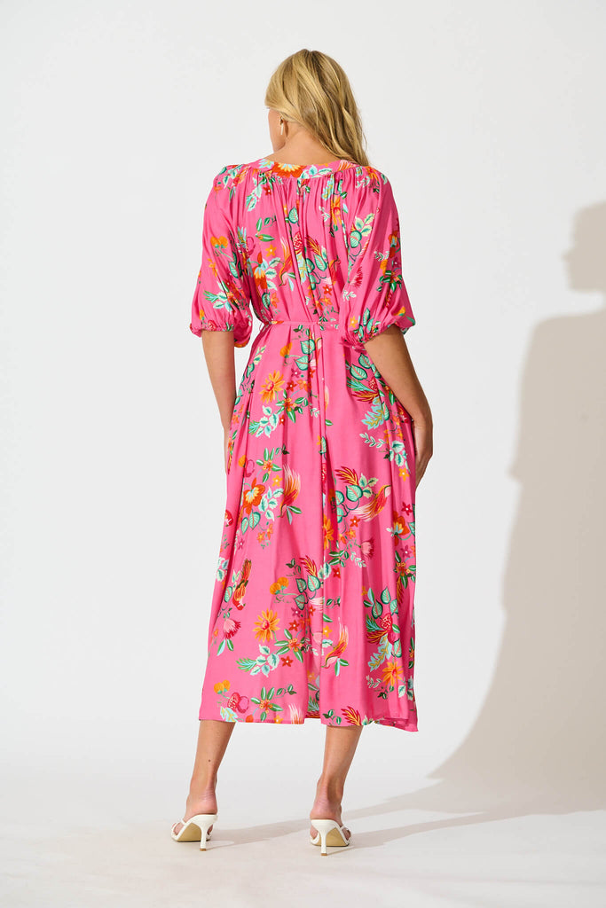 Kali Maxi Dress in Pink Tropical Print - back