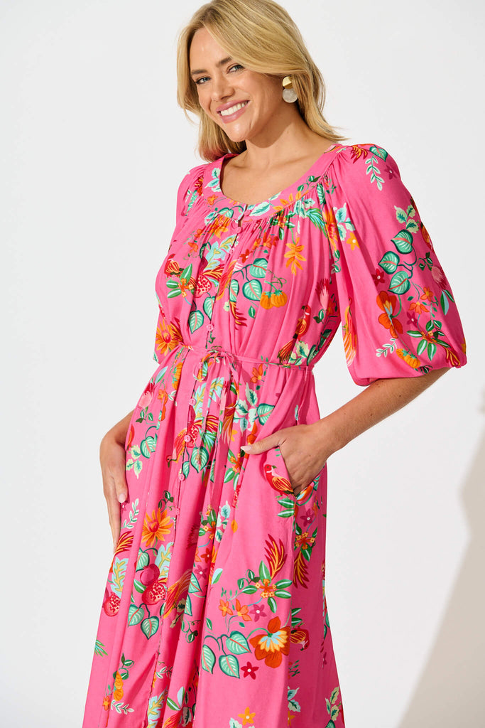 Kali Maxi Dress in Pink Tropical Print - front