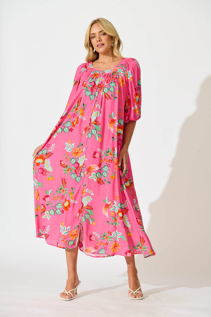 Kali Maxi Dress in Pink Tropical Print - full length