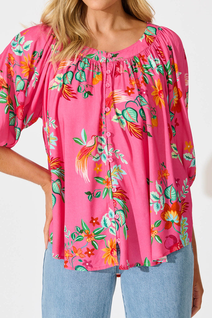 Andie Top in Pink Tropical Print - detail