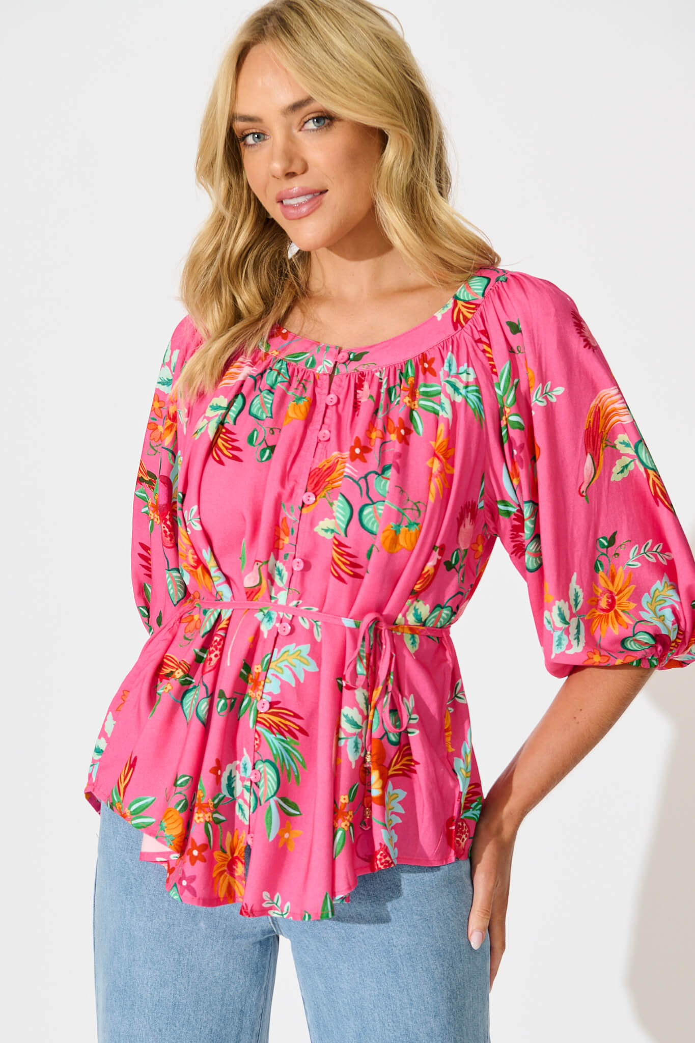 Andie Top in Pink Tropical Print - front