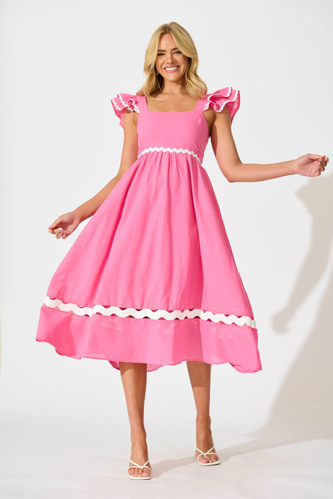 Miami Midi Dress In Pink With White Ric Rac Cotton - full length