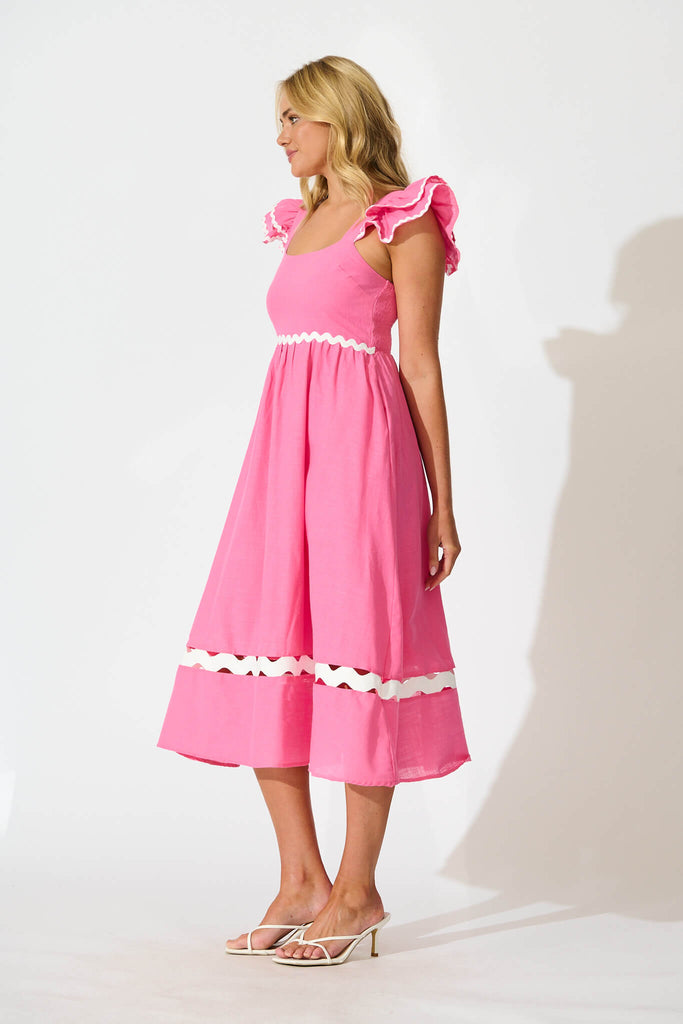 Miami Midi Dress In Pink With White Ric Rac Cotton - side