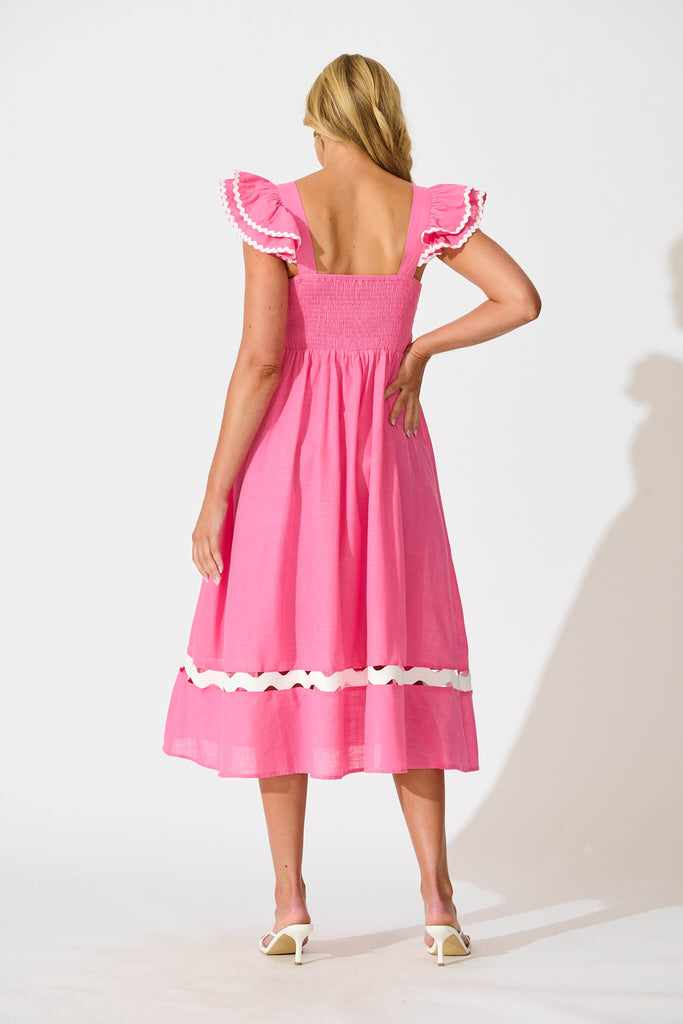 Miami Midi Dress In Pink With White Ric Rac Cotton - back