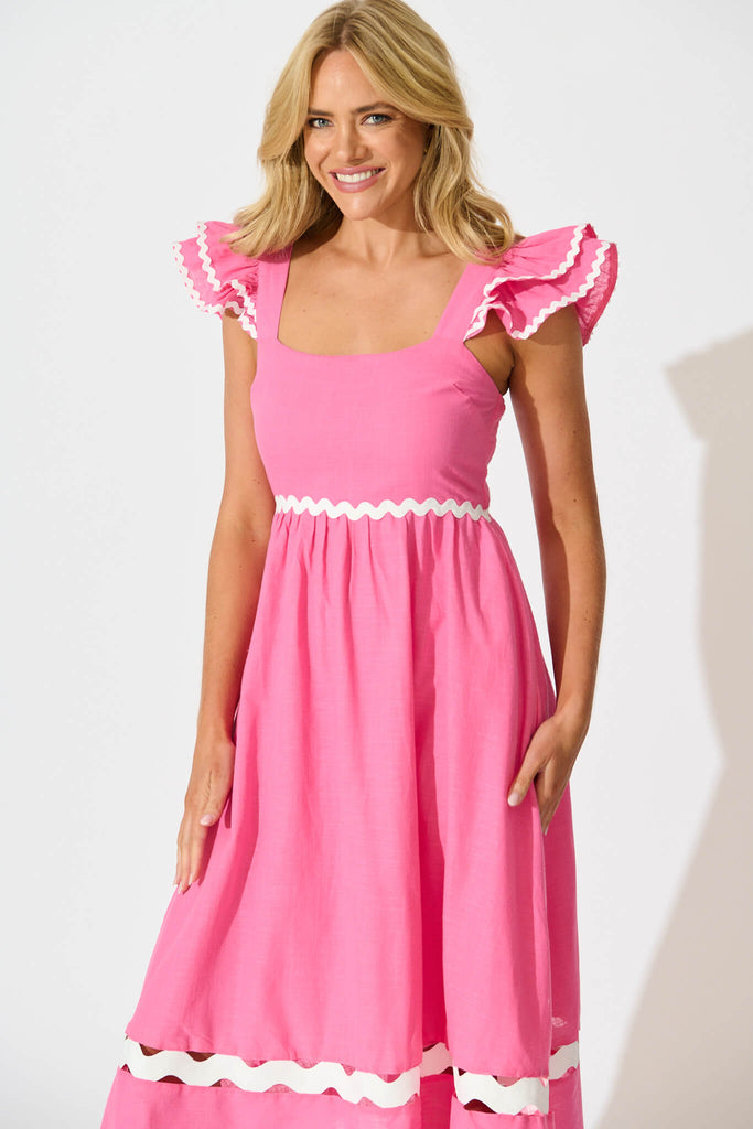 Miami Midi Dress In Pink With White Ric Rac Cotton - front