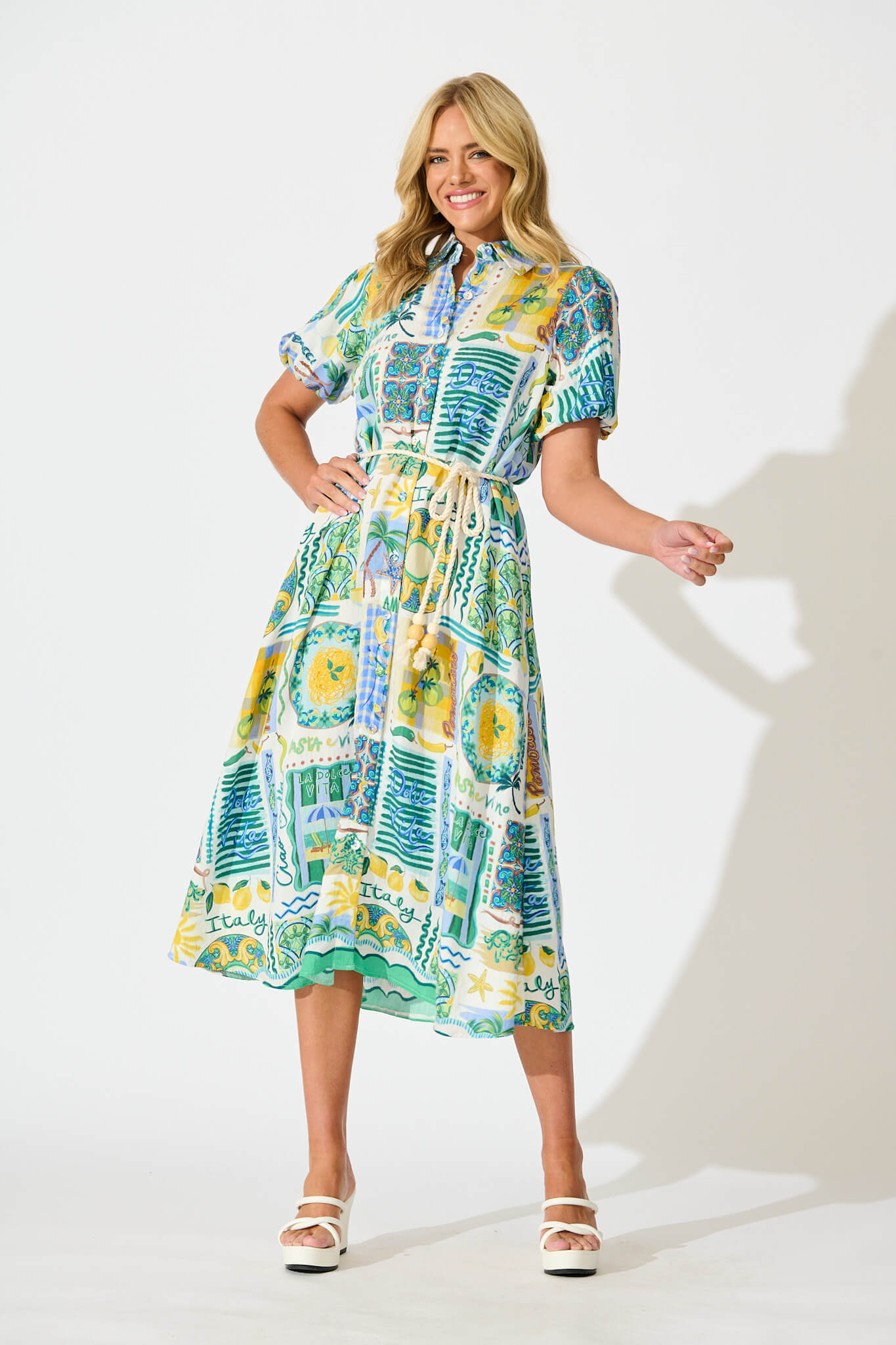 Dearest Midi Shirt Dress In Green Multi Border Print - full length