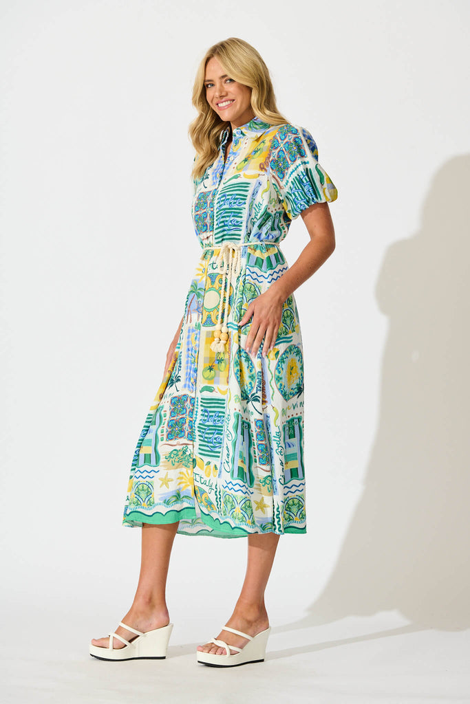 Dearest Midi Shirt Dress In Green Multi Border Print - side