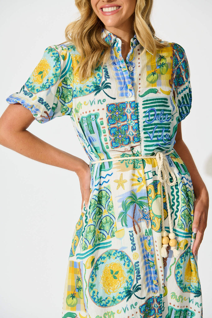 Dearest Midi Shirt Dress In Green Multi Border Print - detail