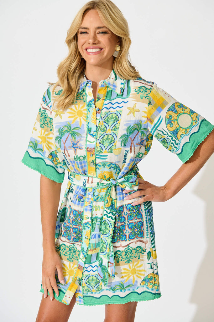 Miela Shirt Dress In Green Multi Border Print - front