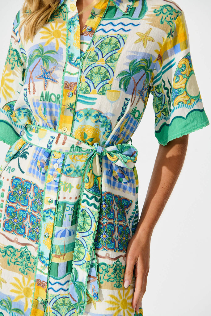 Miela Shirt Dress In Green Multi Border Print - detail