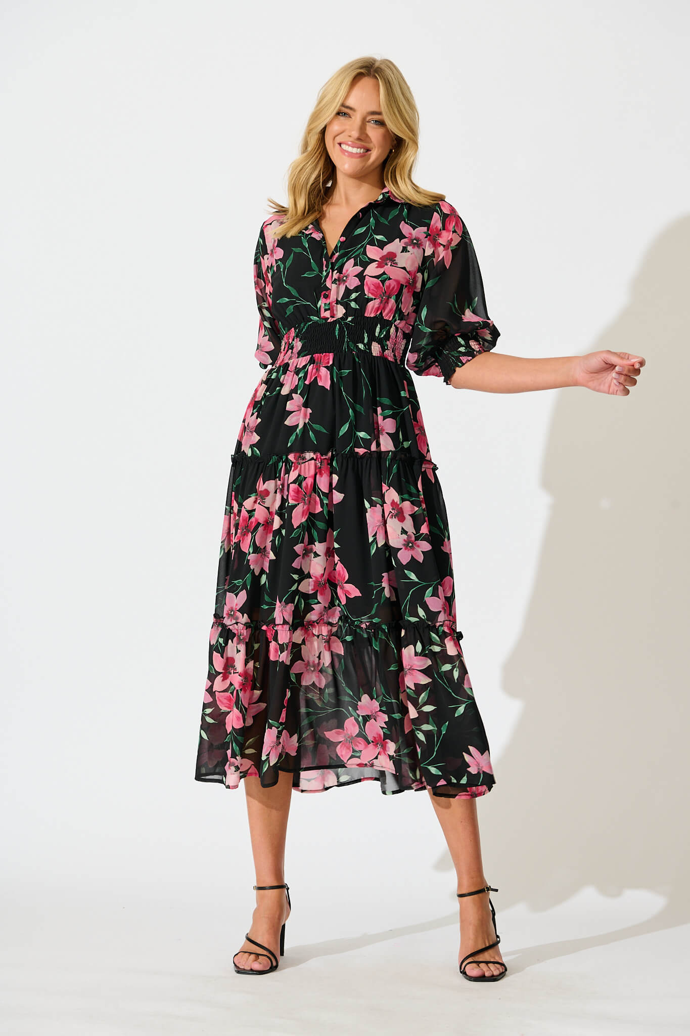 Brittney Midi Dress In Black And Pink Floral Chiffon - full length