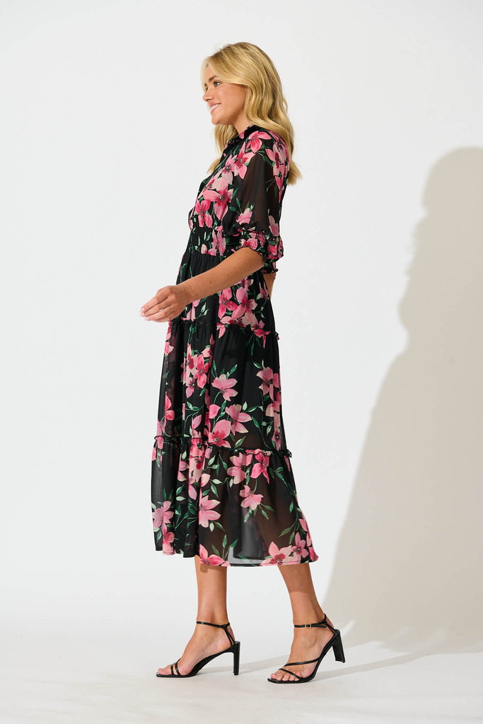 Brittney Midi Dress In Black And Pink Floral Chiffon - side