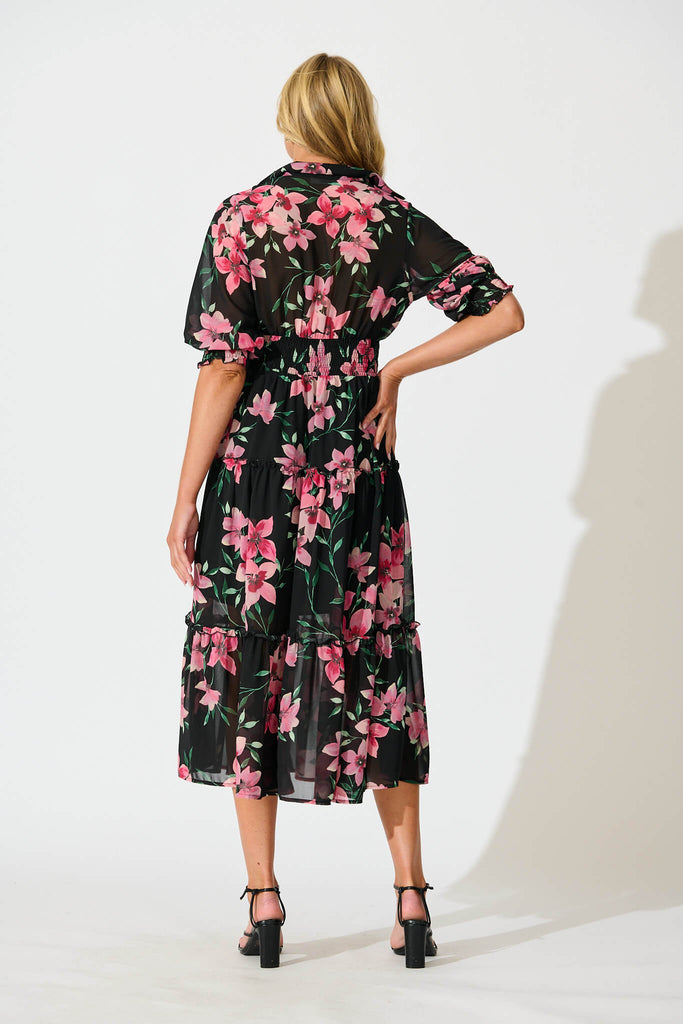 Brittney Midi Dress In Black And Pink Floral Chiffon - back