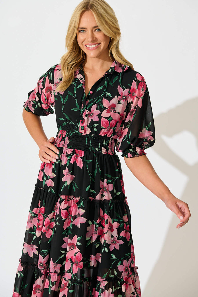 Brittney Midi Dress In Black And Pink Floral Chiffon - front