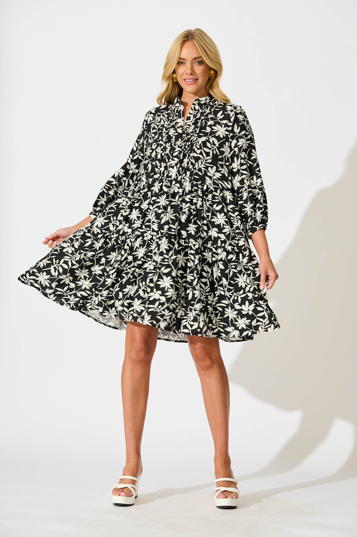 Caracelle Smock Dress Black with Cream Floral - full length