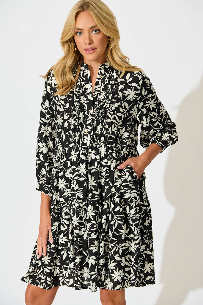 Caracelle Smock Dress Black with Cream Floral - front