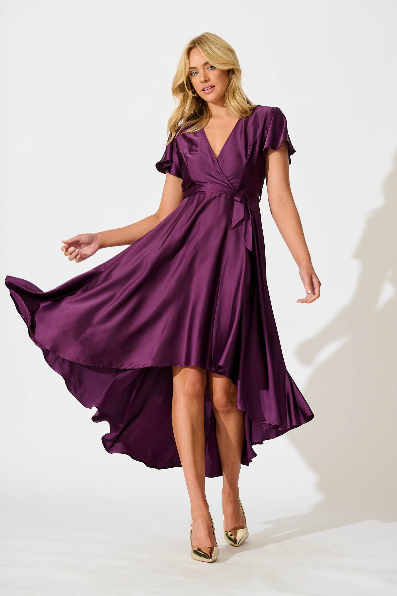 Loulou Maxi Dress in Plum Satin - full length