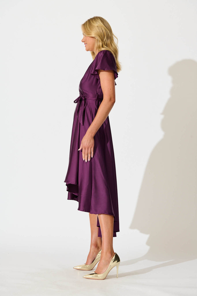 Loulou Maxi Dress in Plum Satin - side