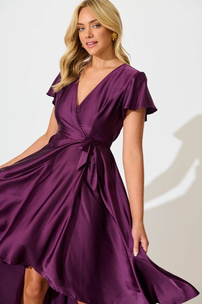 Loulou Maxi Dress in Plum Satin - front