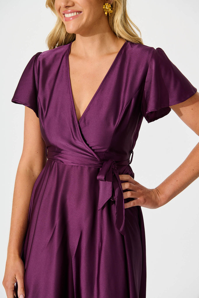 Loulou Maxi Dress in Plum Satin - detail