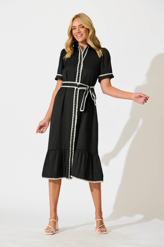 Aurora Midi Shirt Dress In Black With White Contrast Stitch - full length