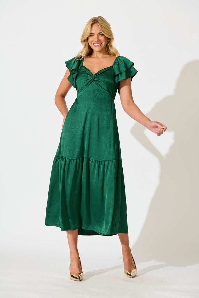 Constantine Maxi Dress in Emerald Green Crinkle Satin - full length