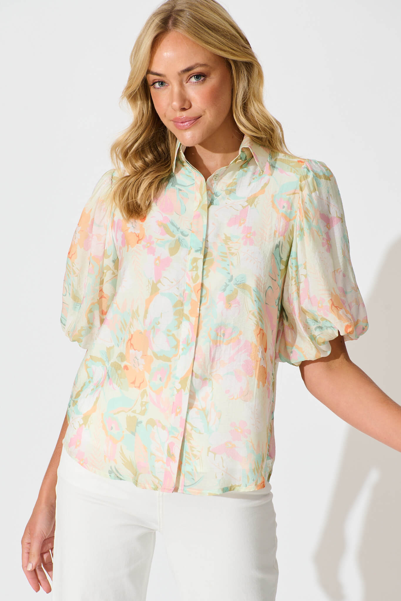 Aeryn Shirt In White with Pastel Multi Floral - front