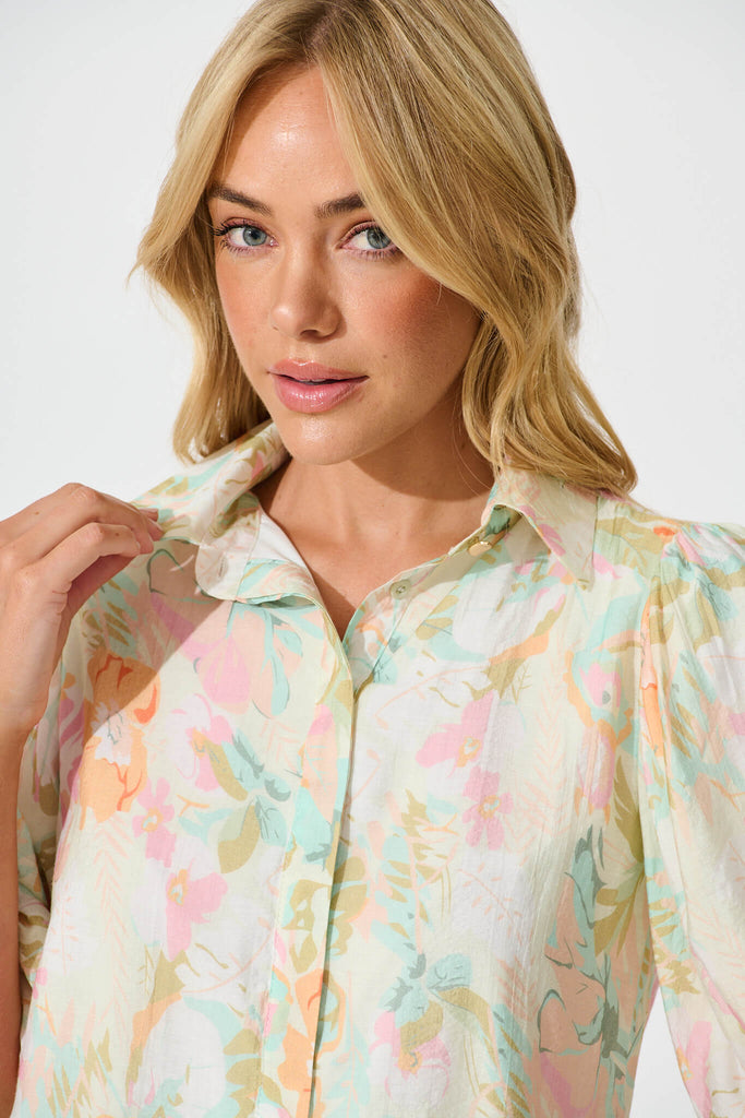 Aeryn Shirt In White with Pastel Multi Floral - detail