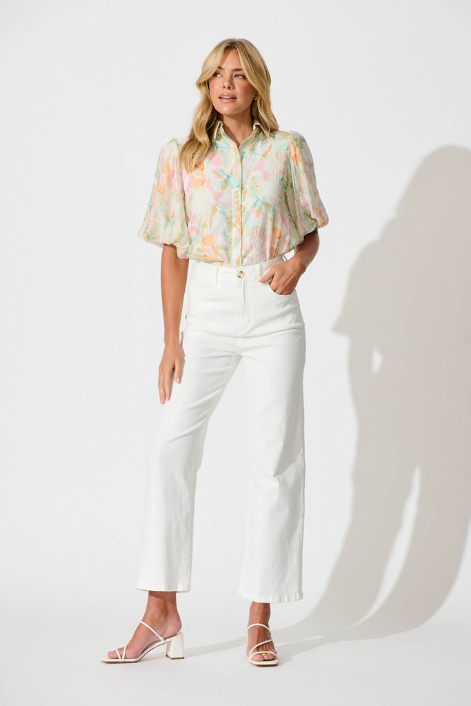 Aeryn Shirt In White with Pastel Multi Floral - full length