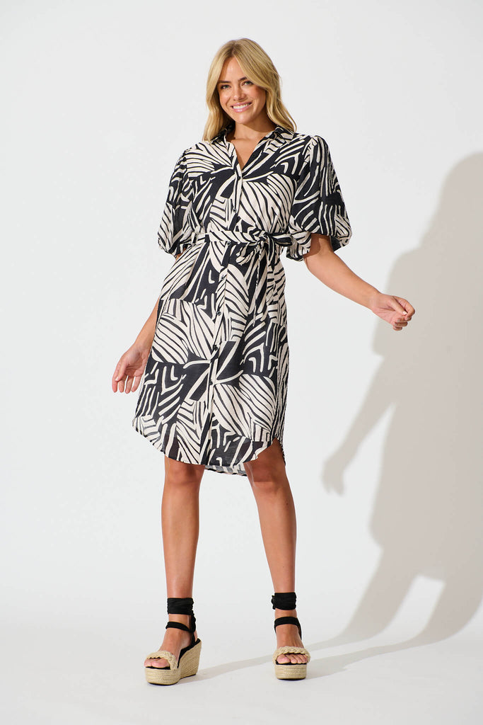 Holly Shirt Dress in Black with White Print - full length