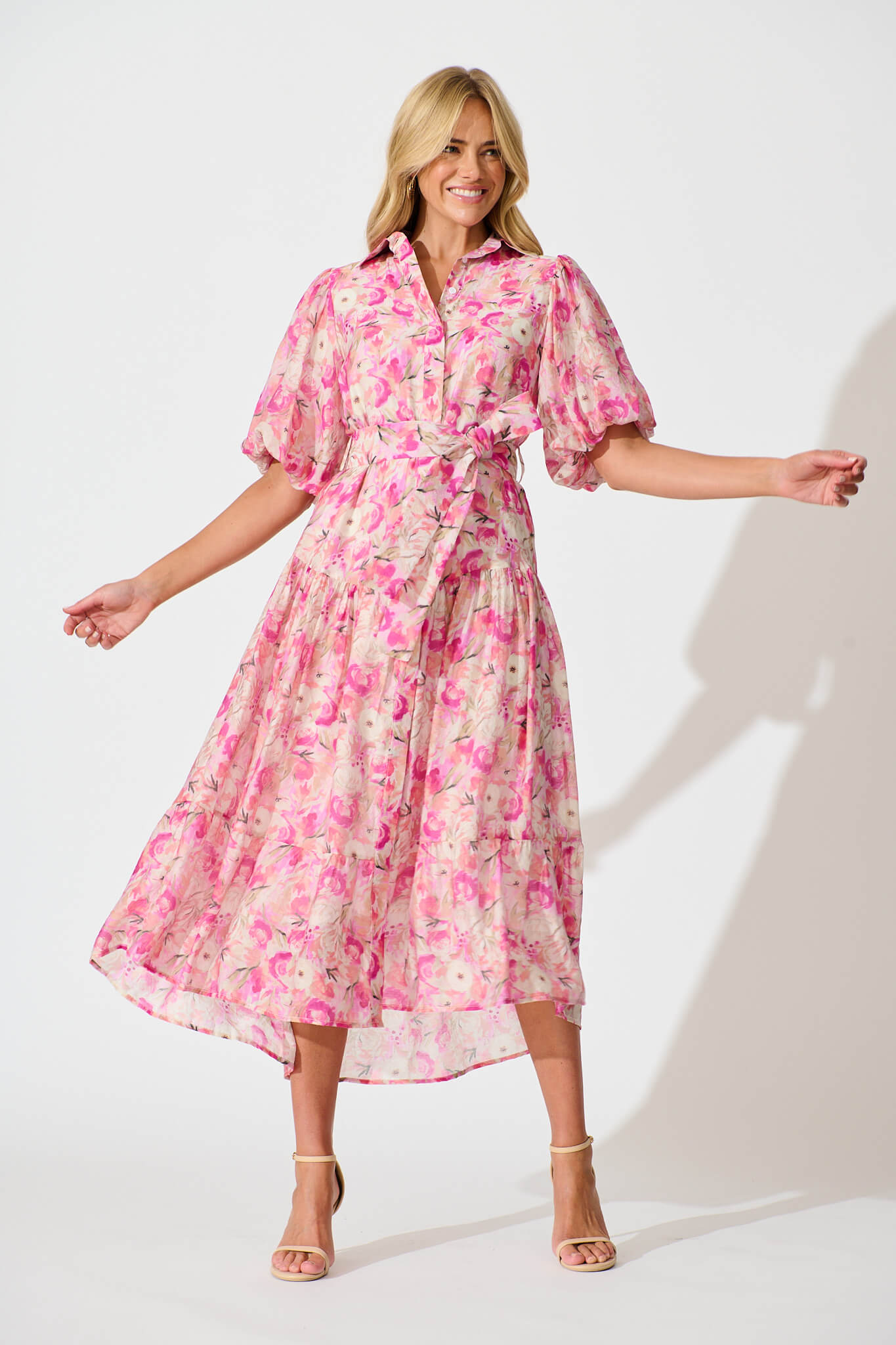 Rosina Maxi Shirt Dress in Pink Multi Floral - full length