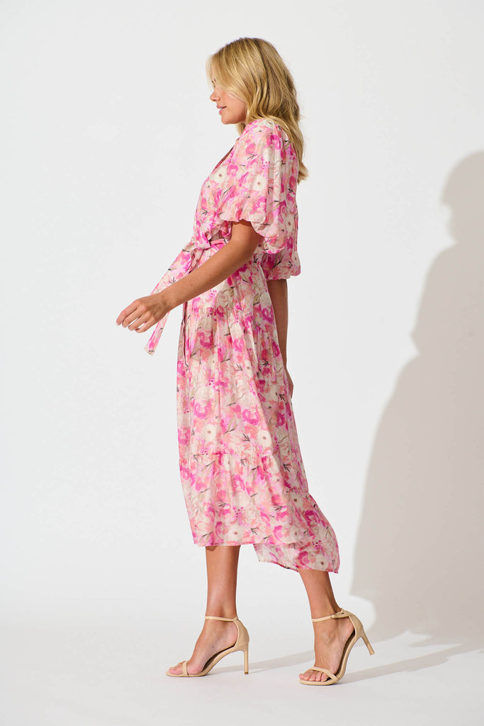 Rosina Maxi Shirt Dress in Pink Multi Floral - side