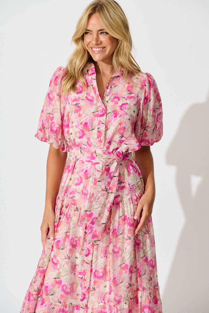 Rosina Maxi Shirt Dress in Pink Multi Floral - front