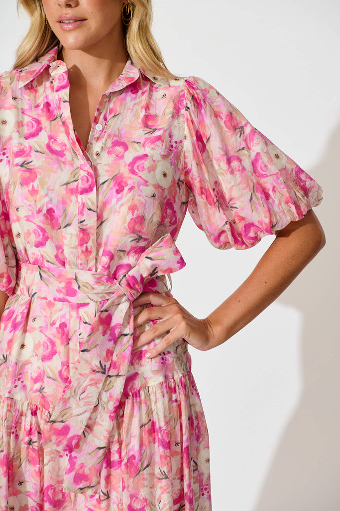 Rosina Maxi Shirt Dress in Pink Multi Floral - detail