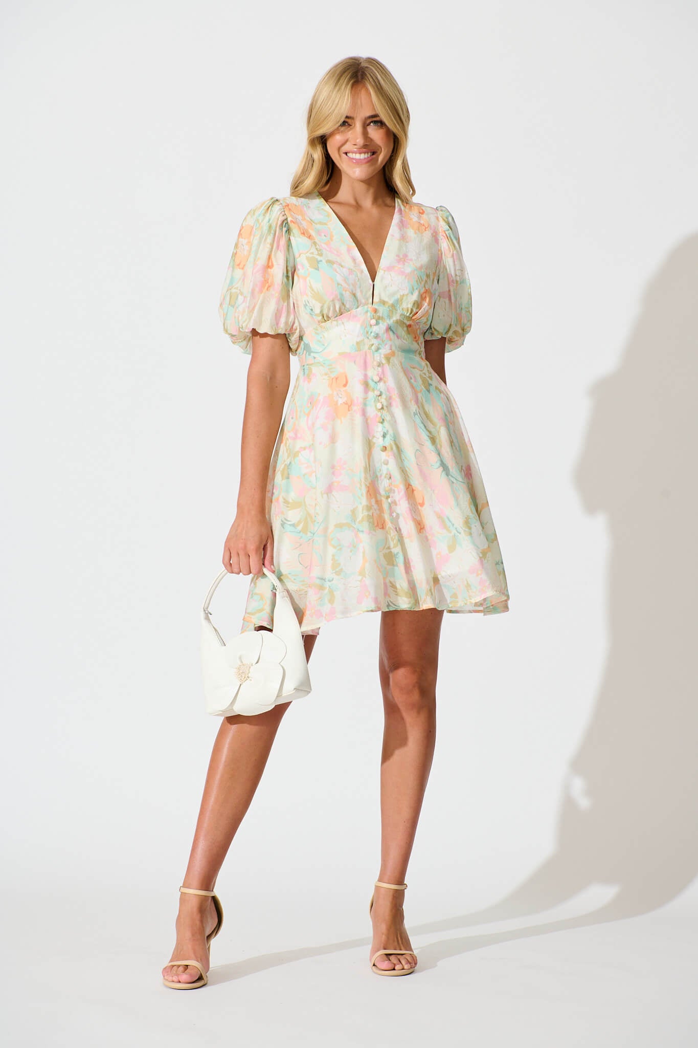 Clarissa Dress In White with Pastel Multi Floral - full length