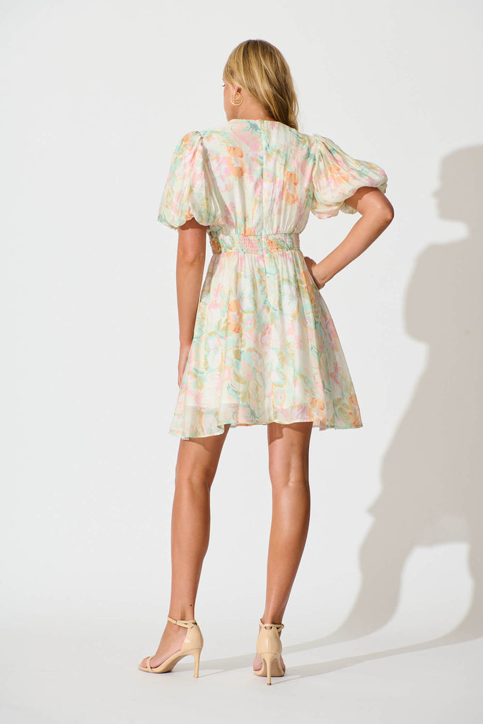 Clarissa Dress In White with Pastel Multi Floral - back