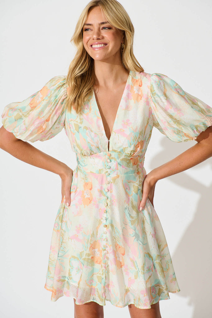 Clarissa Dress In White with Pastel Multi Floral - front