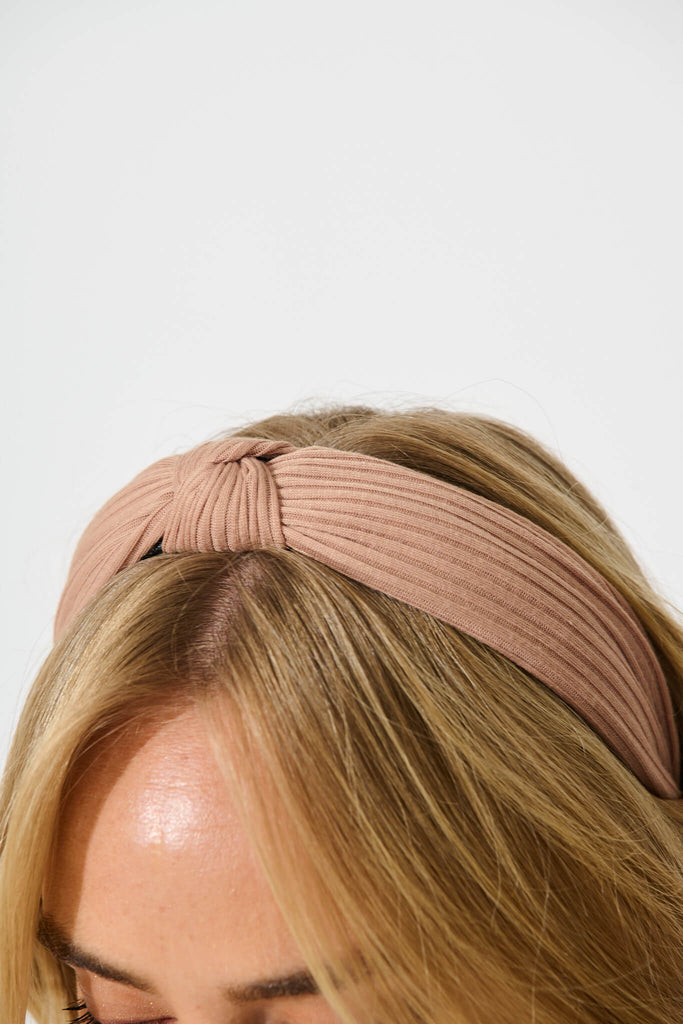 Nadia Knot Textured Headband In Light Brown - product on model detail